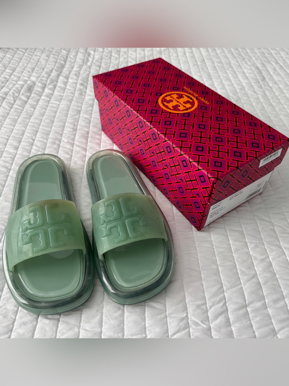 Tory Burch Seafoam Green Logo Slide Sandals